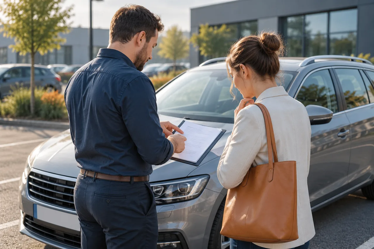 Illustration : Deux personnes examinent un dossier près d’une voiture dans un parking professionnel — illustration générée par IA