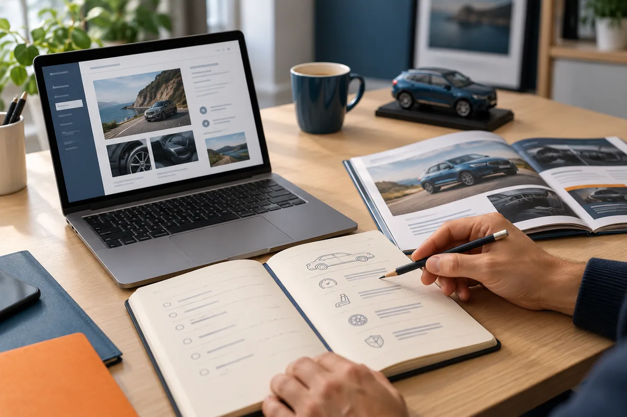 Illustration : Lecture croisée d’une brochure automobile et d’une interface documentaire sur ordinateur — illustration générée par IA