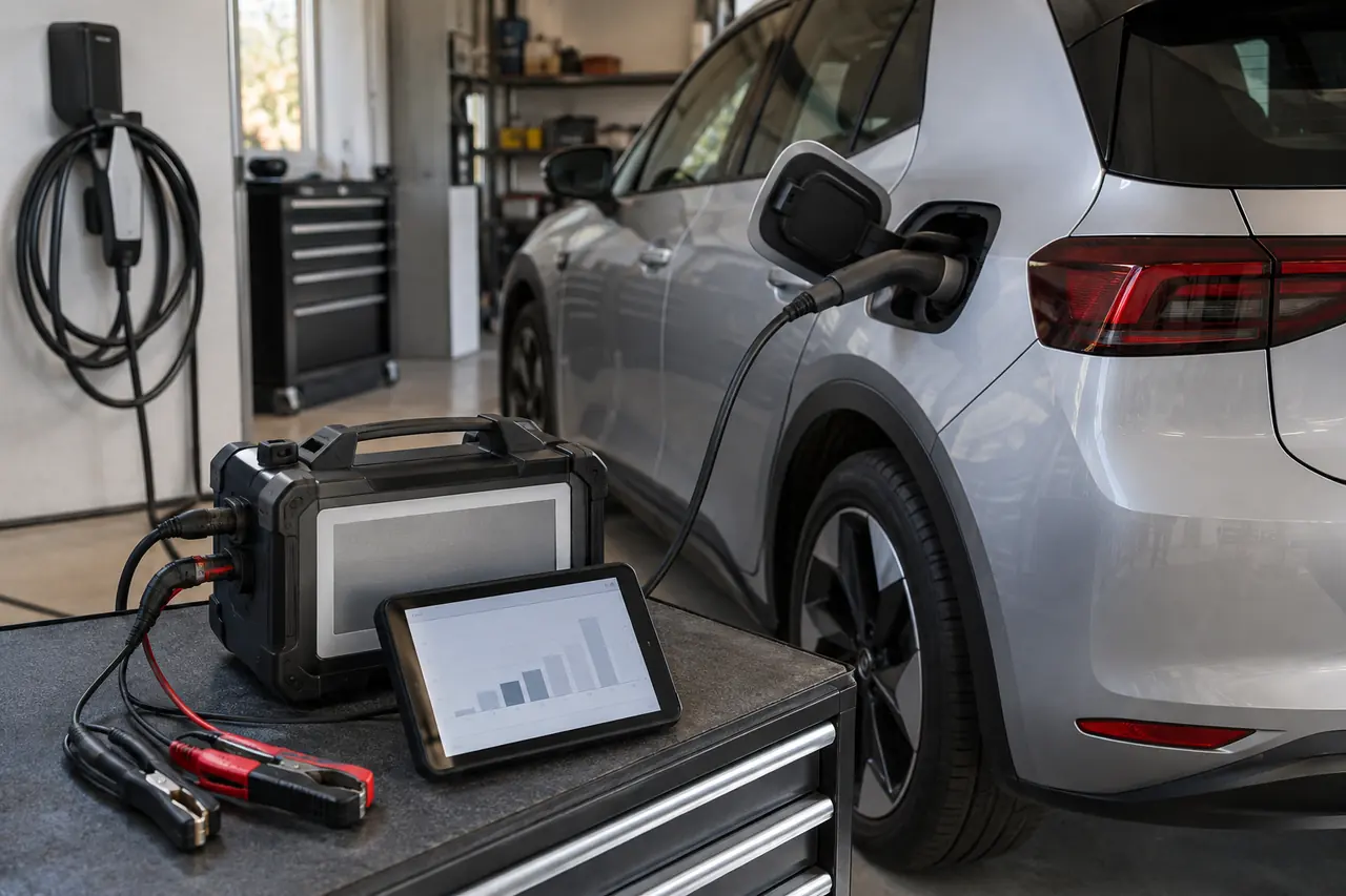 Appareil de diagnostic et câble de recharge près d’une voiture électrique