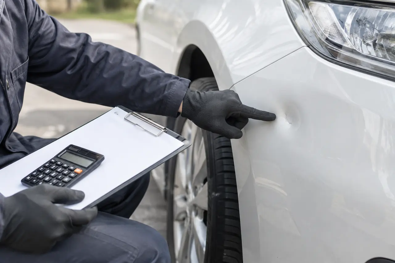 Examen d’un défaut de carrosserie avec une fiche de devis et une calculatrice