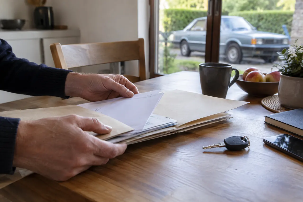 Classement d’un dossier automobile et d’une clé sur une table