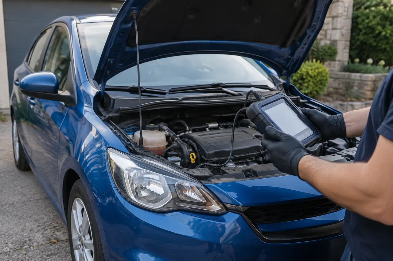 Diagnostic d’une voiture stationnée avec capot ouvert dans une cour