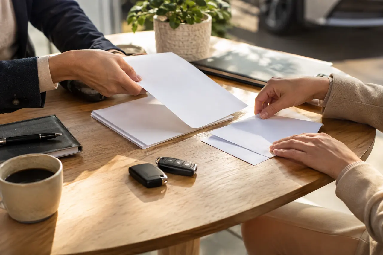 Préparation de documents et de clés par deux personnes autour d’une table