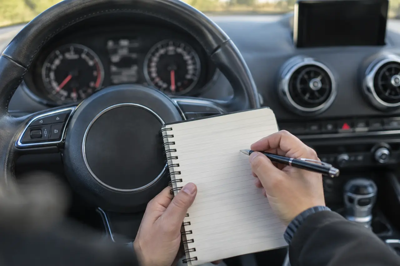 Relevé d’informations dans un carnet à l’intérieur d’une voiture stationnée