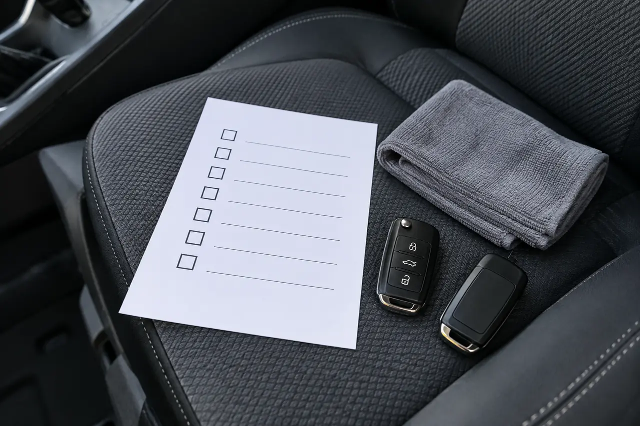 Liste de préparation et deux clés posées sur un siège de voiture