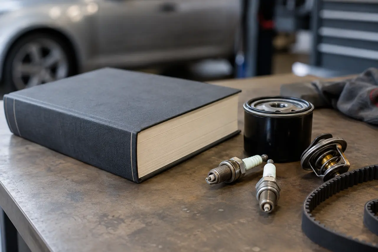 Livre et petites pièces mécaniques sur un établi automobile