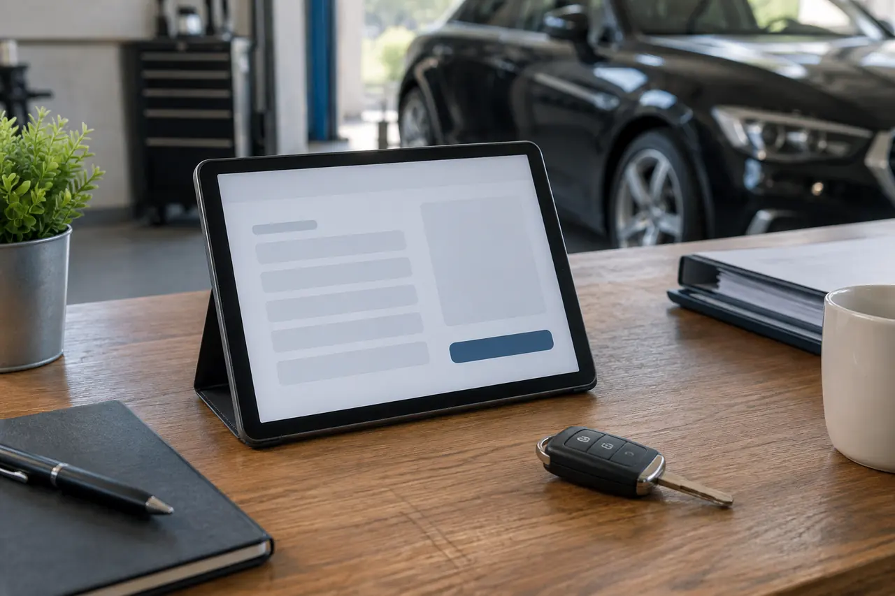 Tablette et carnet sur un bureau pour préparer une estimation automobile