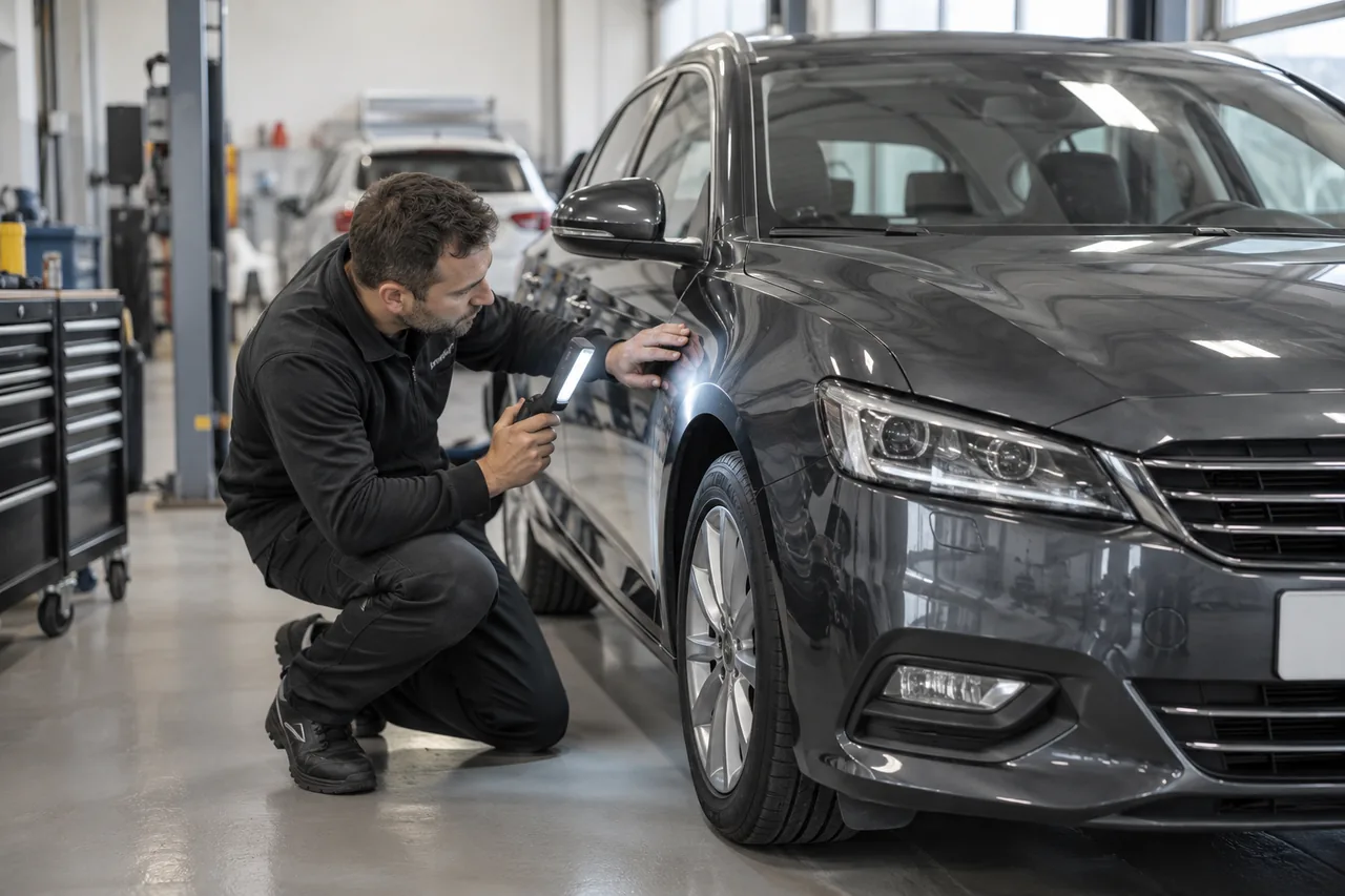 Professionnel examinant la carrosserie d’une voiture en atelier — illustration photographique — illustration générée par IA