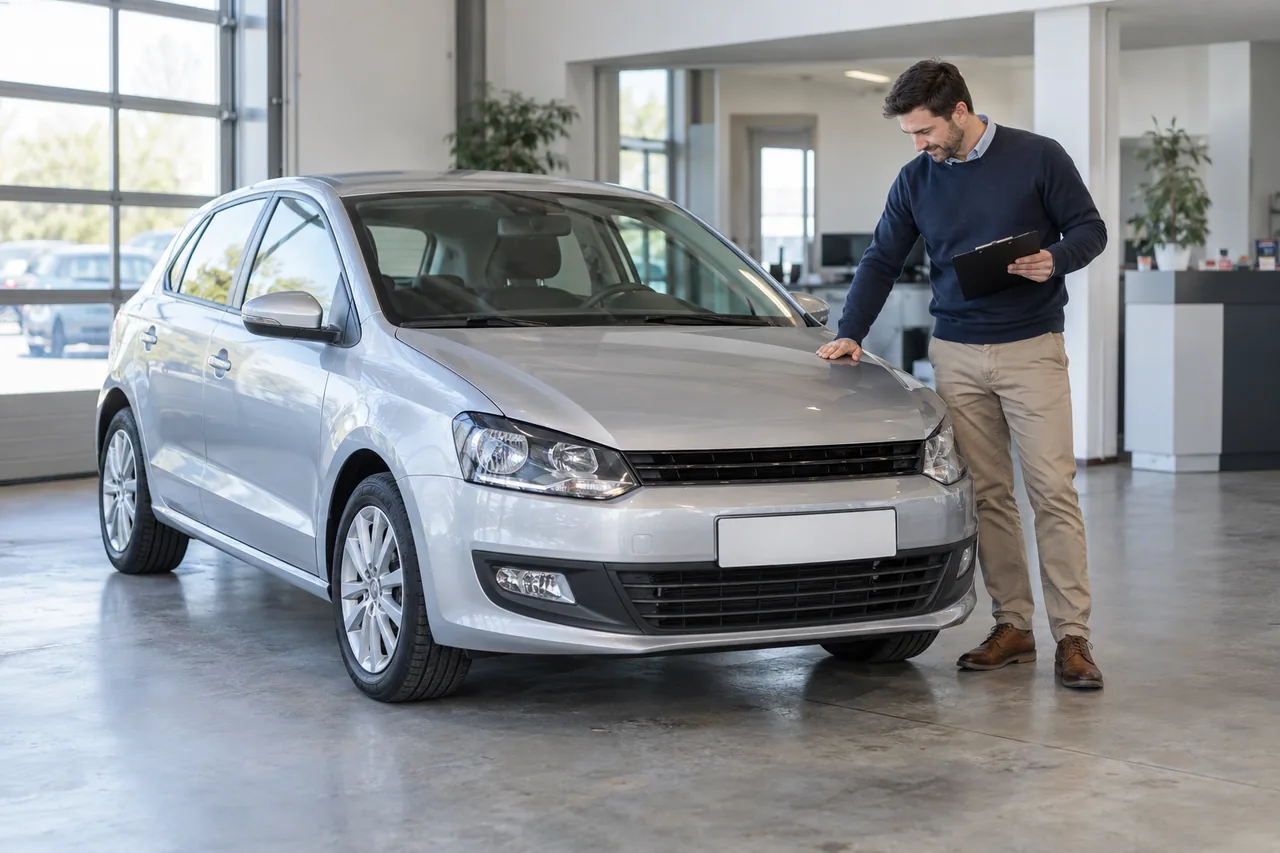 Professionnel examinant une voiture avec une fiche pour préparer son estimation — illustration photographique