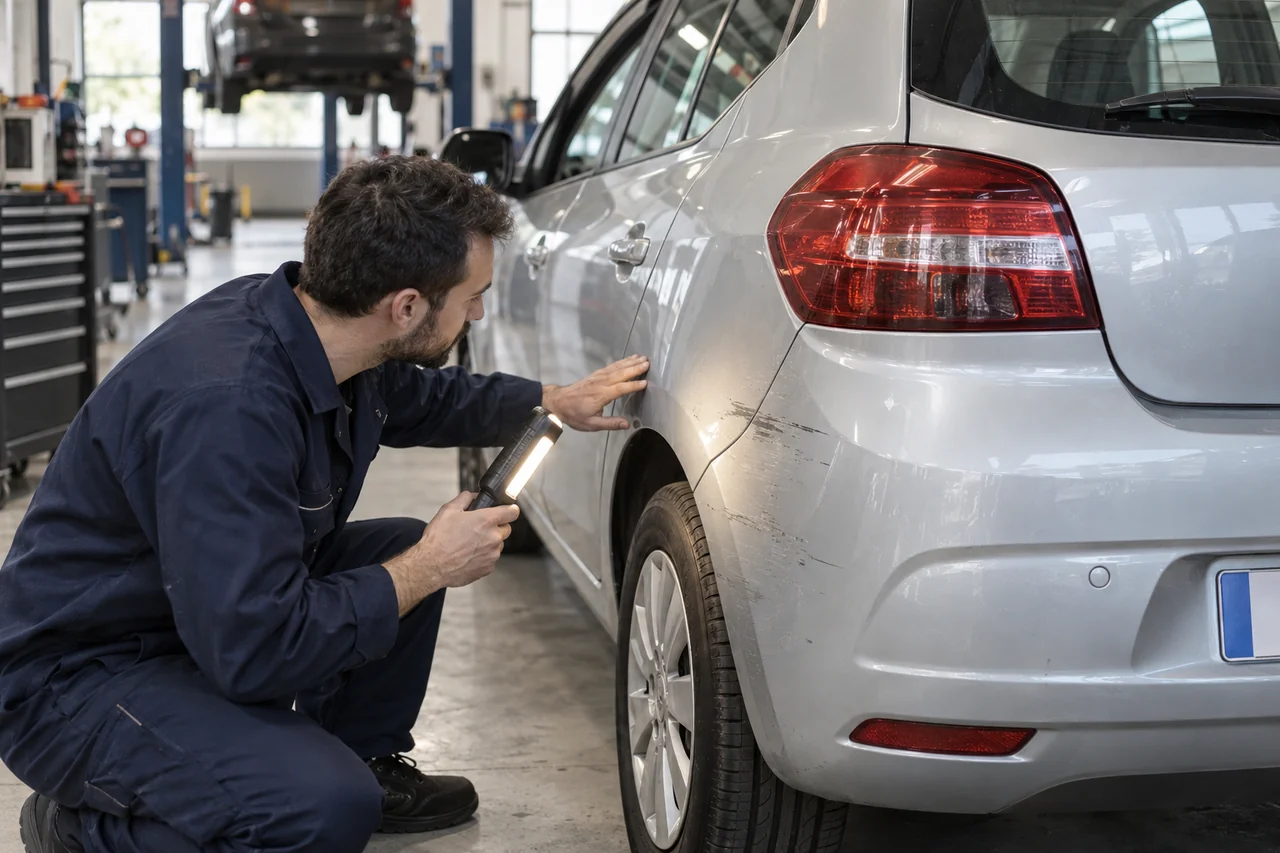 Examen des rayures sur la carrosserie d’une voiture dans un atelier