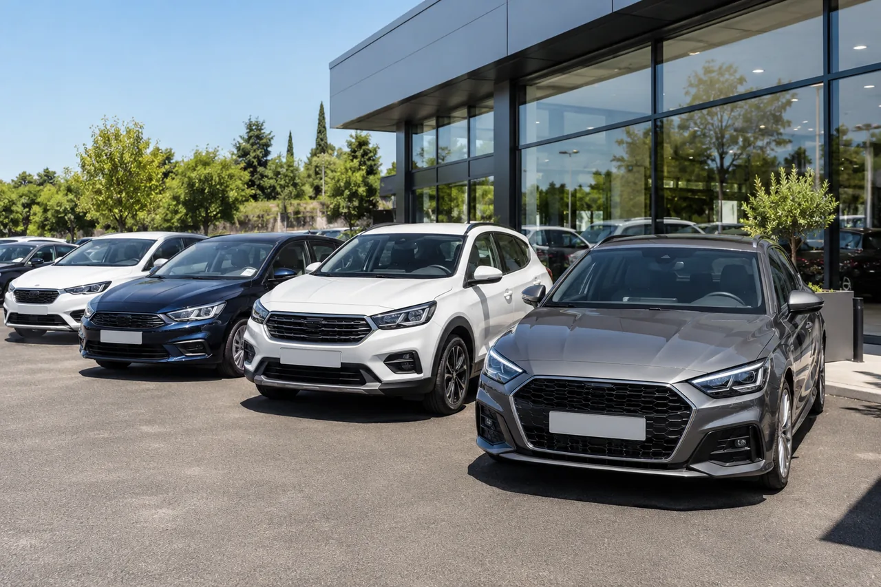 Voitures d’occasion stationnées devant un showroom automobile — illustration photographique