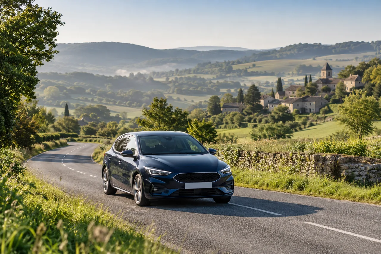 Voiture sur une route dans un paysage de campagne française — illustration photographique — illustration générée par IA