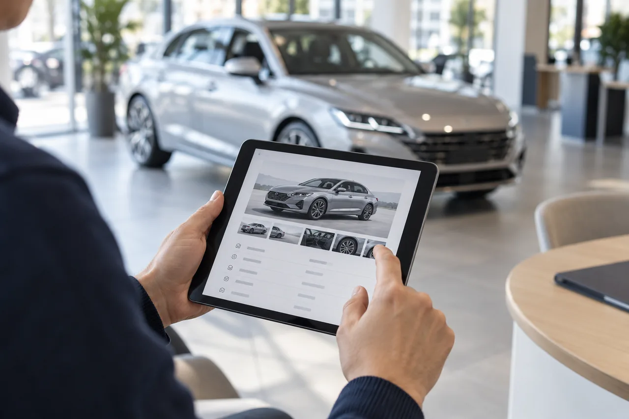 Consultation des informations d’un constructeur sur une tablette devant une voiture en showroom — illustration photographique — illustration générée par IA