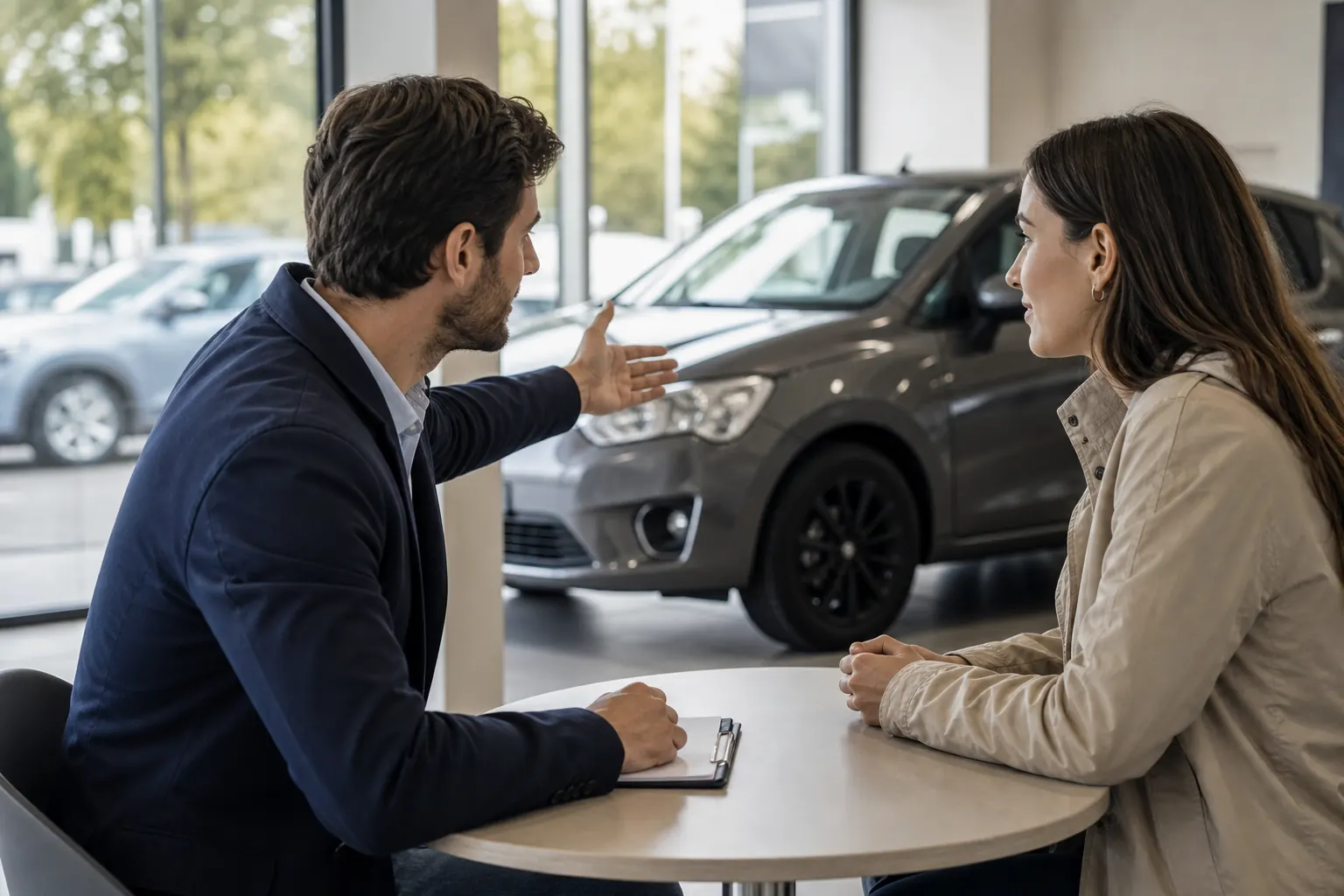 Conseiller expliquant les solutions de reprise automobile à une propriétaire