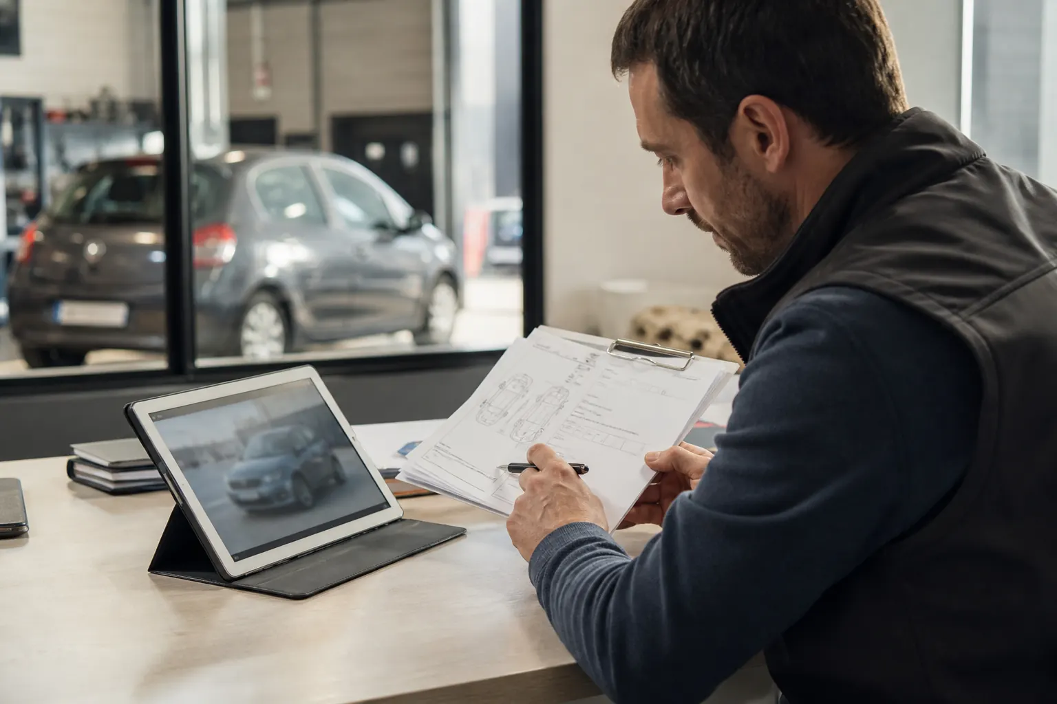 Professionnel comparant une fiche d’inspection aux données du marché automobile