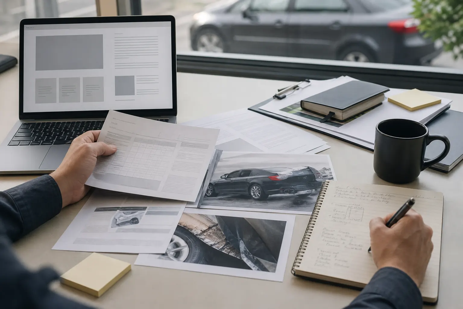 Rédacteur automobile vérifiant ses sources et documents