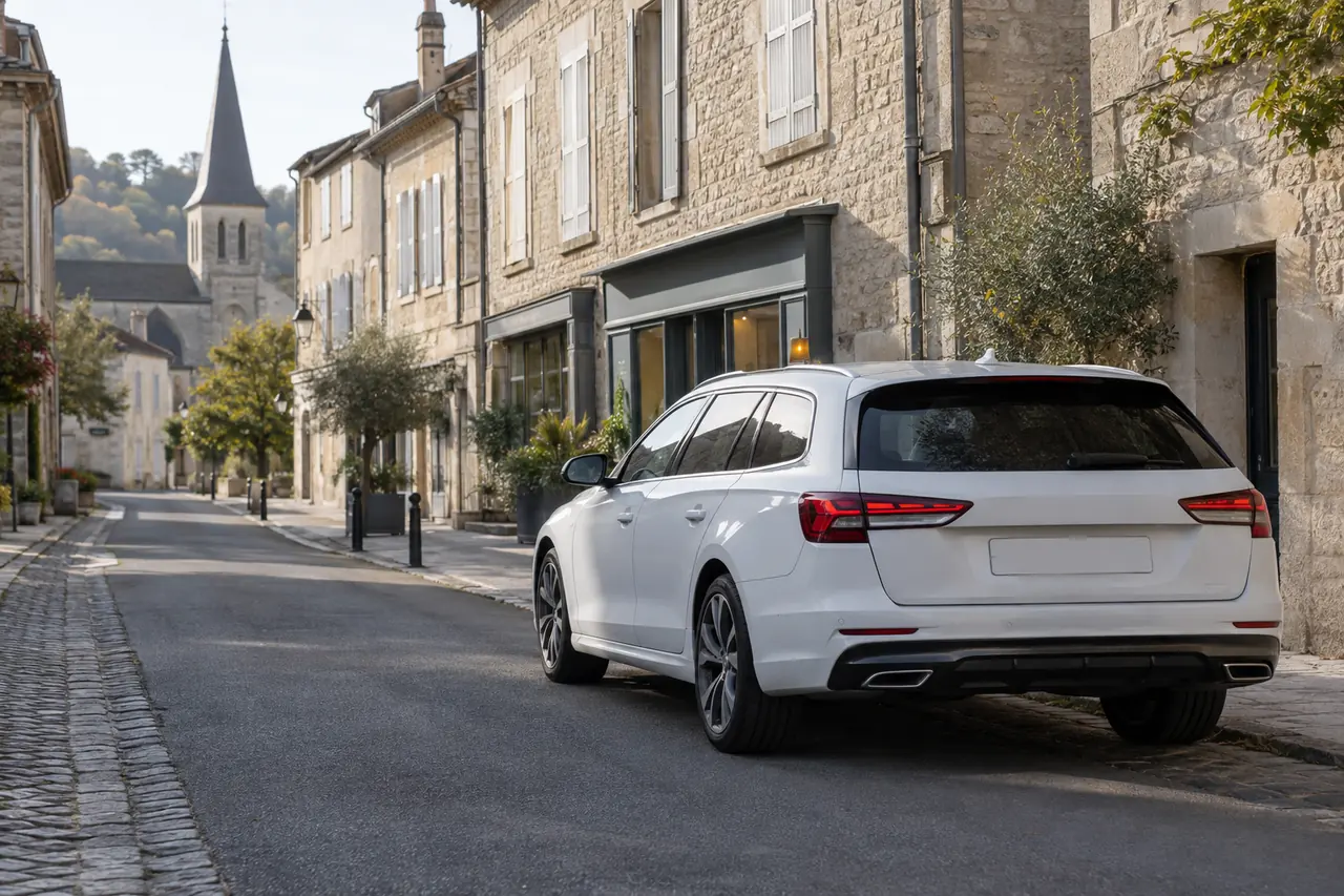Voiture familiale devant un quartier résidentiel français