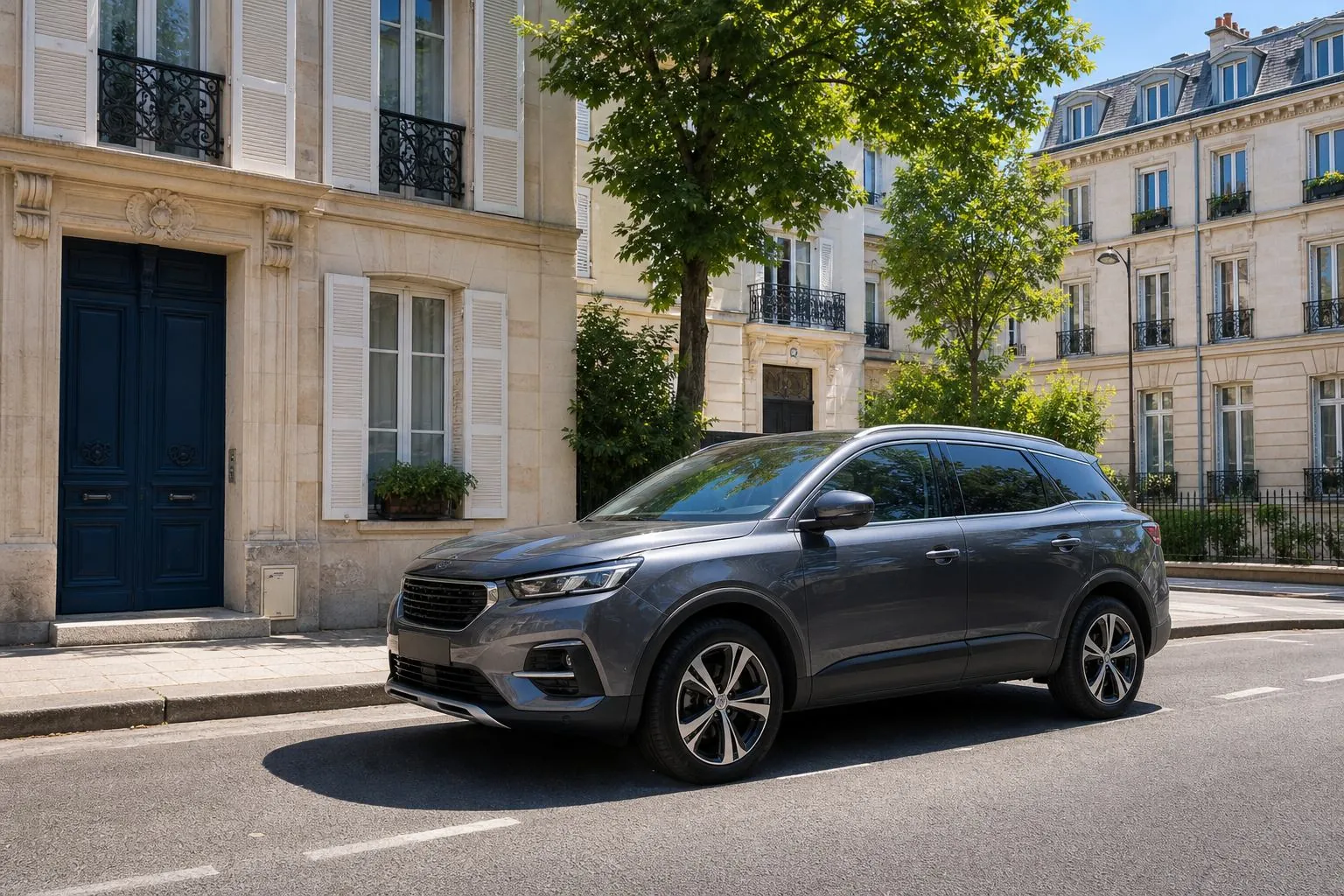 Voiture familiale devant un quartier résidentiel français