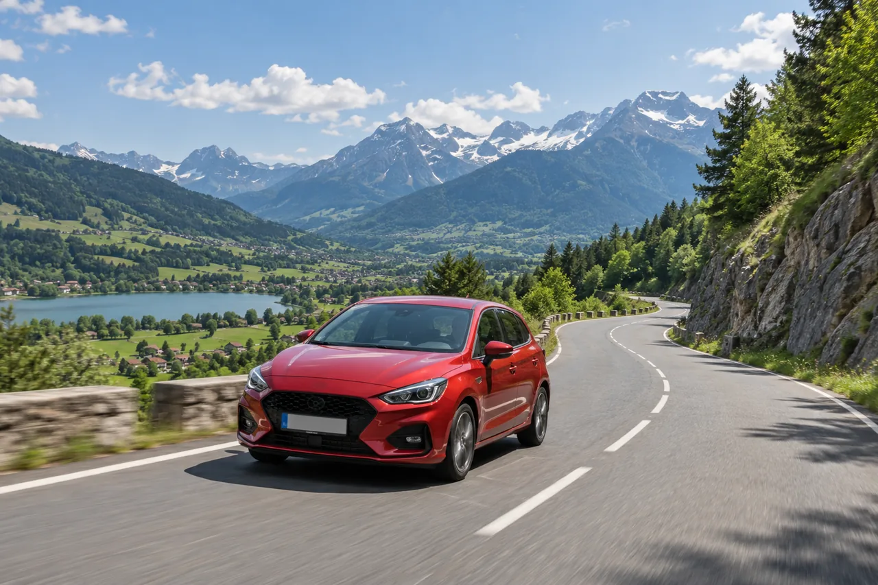 Voiture roulant sur une route dans un paysage inspiré de Auvergne-Rhône-Alpes — illustration photographique — illustration générée par IA