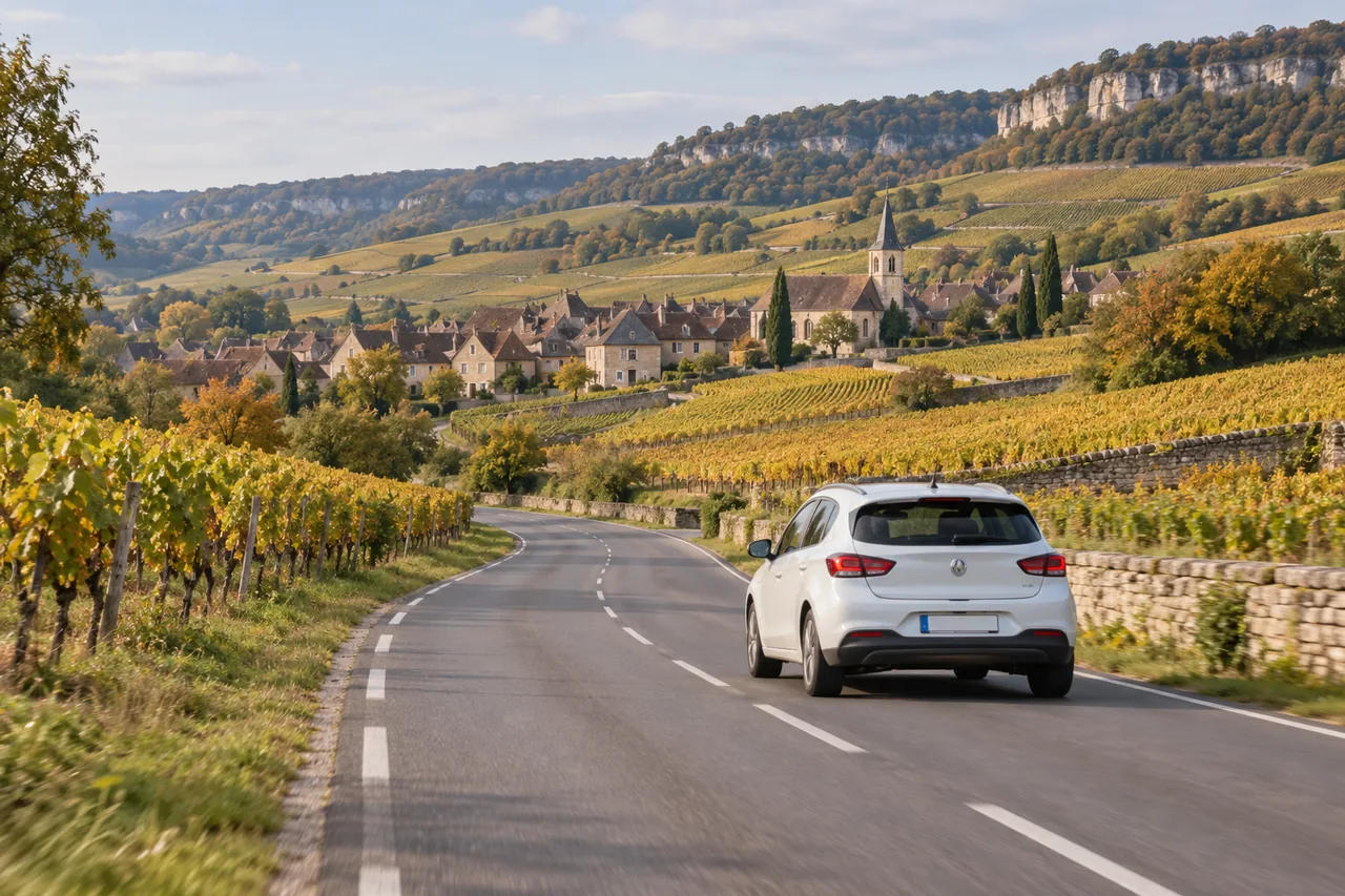 Voiture roulant sur une route dans un paysage inspiré de Bourgogne-Franche-Comté — illustration photographique — illustration générée par IA