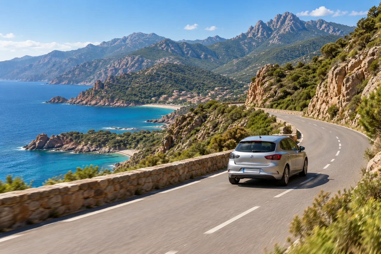 Voiture roulant sur une route dans un paysage inspiré de Corse — illustration photographique — illustration générée par IA