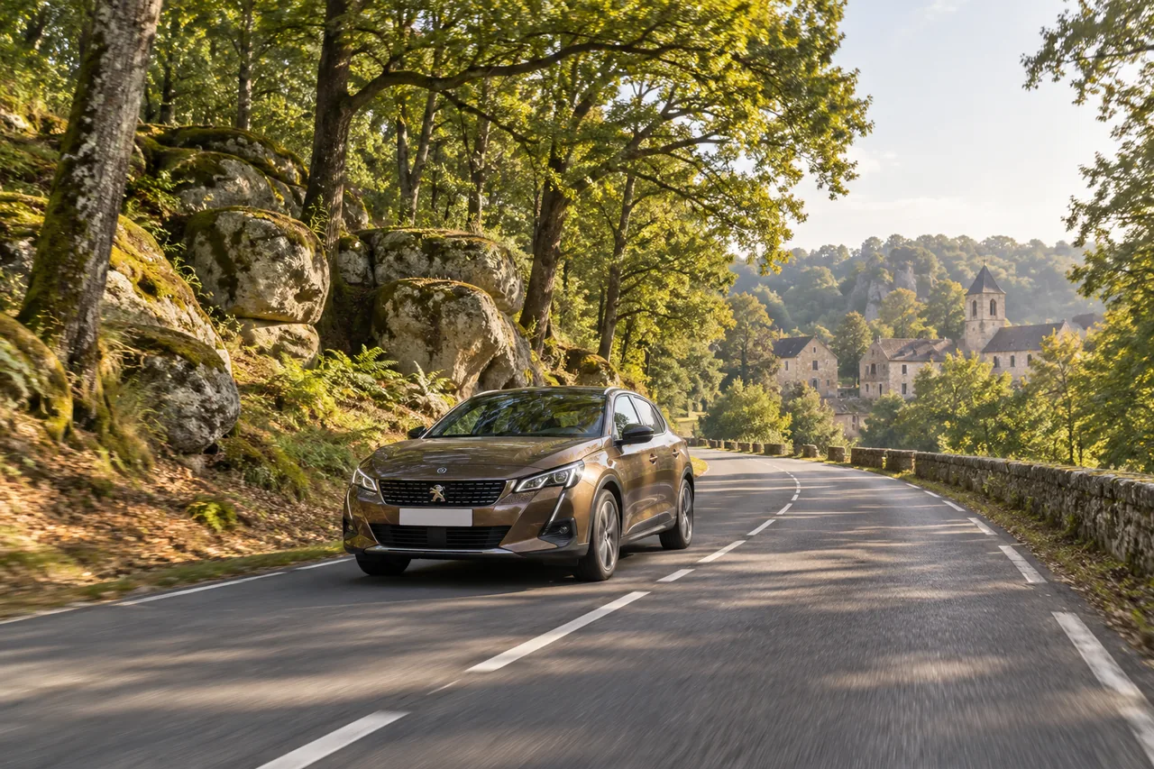 Voiture roulant sur une route dans un paysage inspiré de Île-de-France — illustration photographique — illustration générée par IA