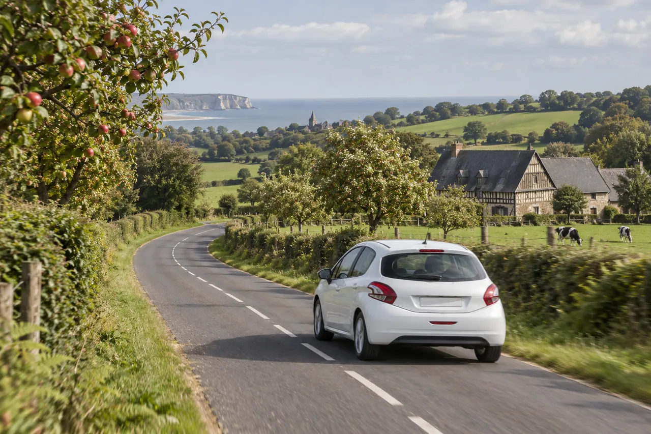 Voiture roulant sur une route dans un paysage inspiré de Normandie — illustration photographique — illustration générée par IA