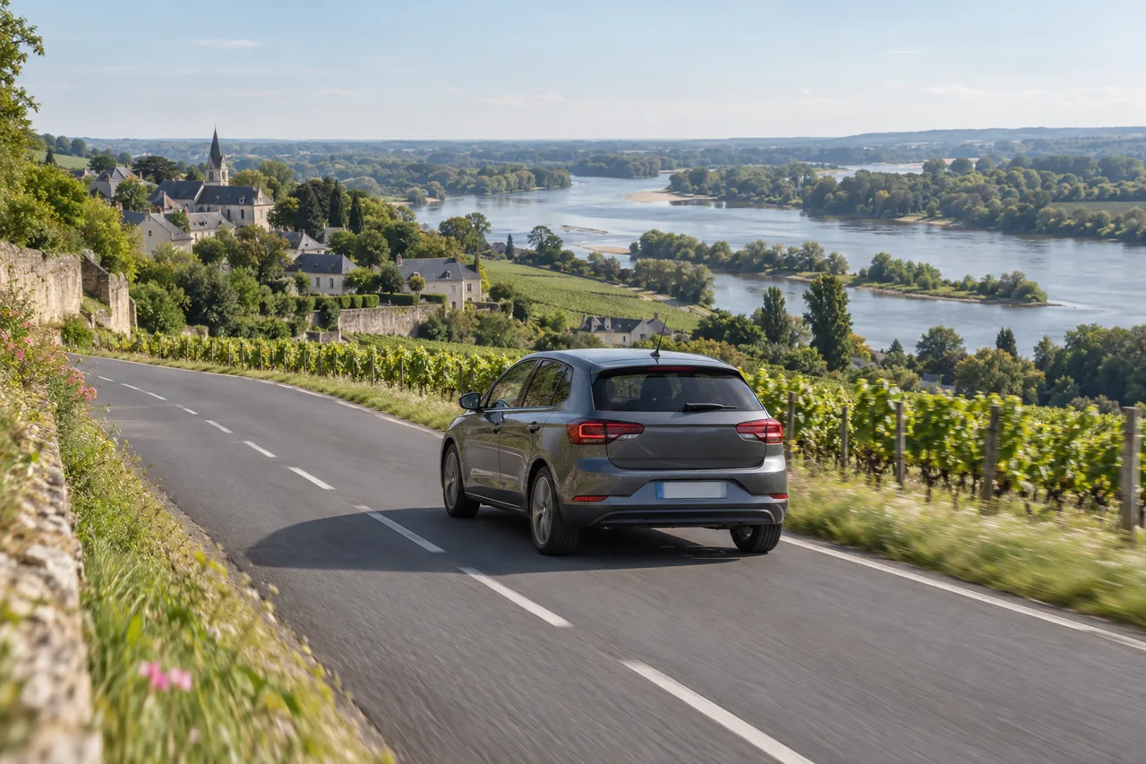 Voiture roulant sur une route dans un paysage inspiré de Pays de la Loire — illustration photographique — illustration générée par IA