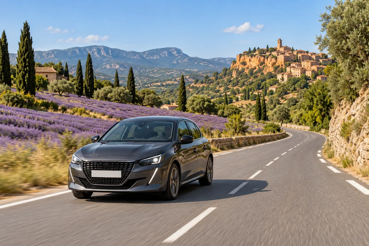 Voiture roulant sur une route dans un paysage inspiré de Provence-Alpes-Côte d'Azur — illustration photographique — illustration générée par IA